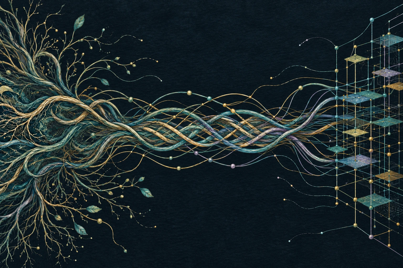 Conceptual illustration of branching organic fibers and a geometric digital lattice meeting through a gradually interwoven transition, with a few strong shared paths and exploratory strands at the edges.