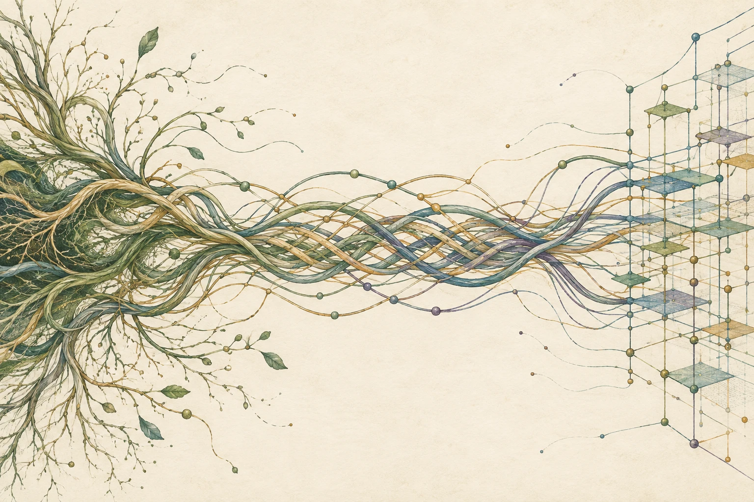 Conceptual illustration of branching organic fibers and a geometric digital lattice meeting through a gradually interwoven transition, with a few strong shared paths and exploratory strands at the edges.