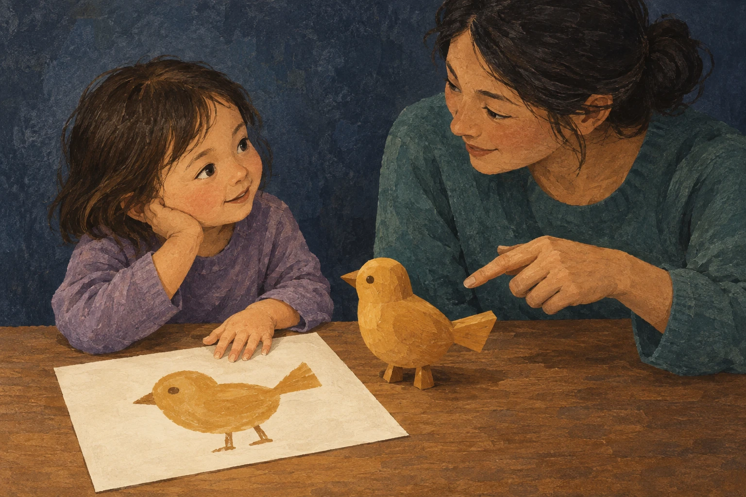 A child and caregiver share a table with a wooden bird and a drawing of the same bird; the caregiver points toward the toy while the child looks up.
