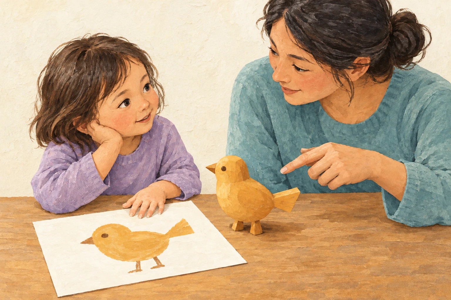 A child and caregiver share a table with a wooden bird and a drawing of the same bird; the caregiver points toward the toy while the child looks up.
