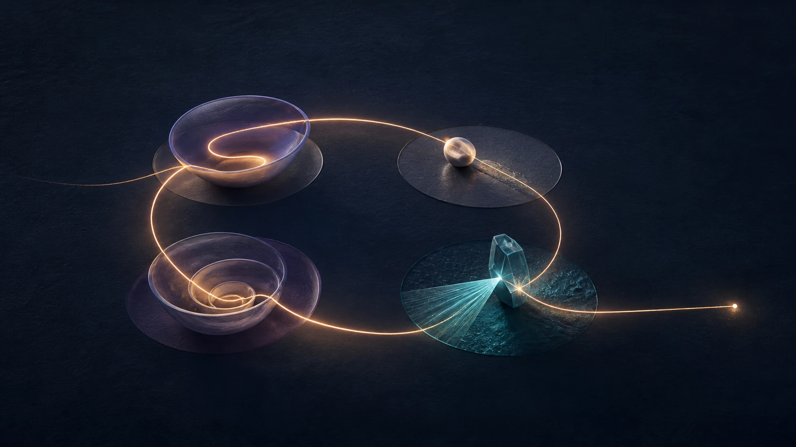 A luminous thread moves from intention to action, strikes an independent evidence surface, and returns revised.