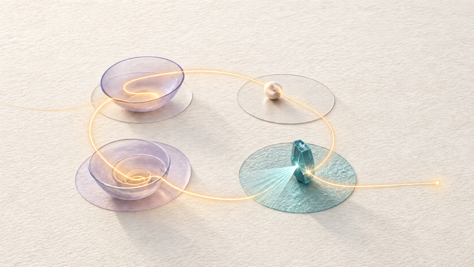 A luminous thread moves from intention to action, strikes an independent evidence surface, and returns revised.