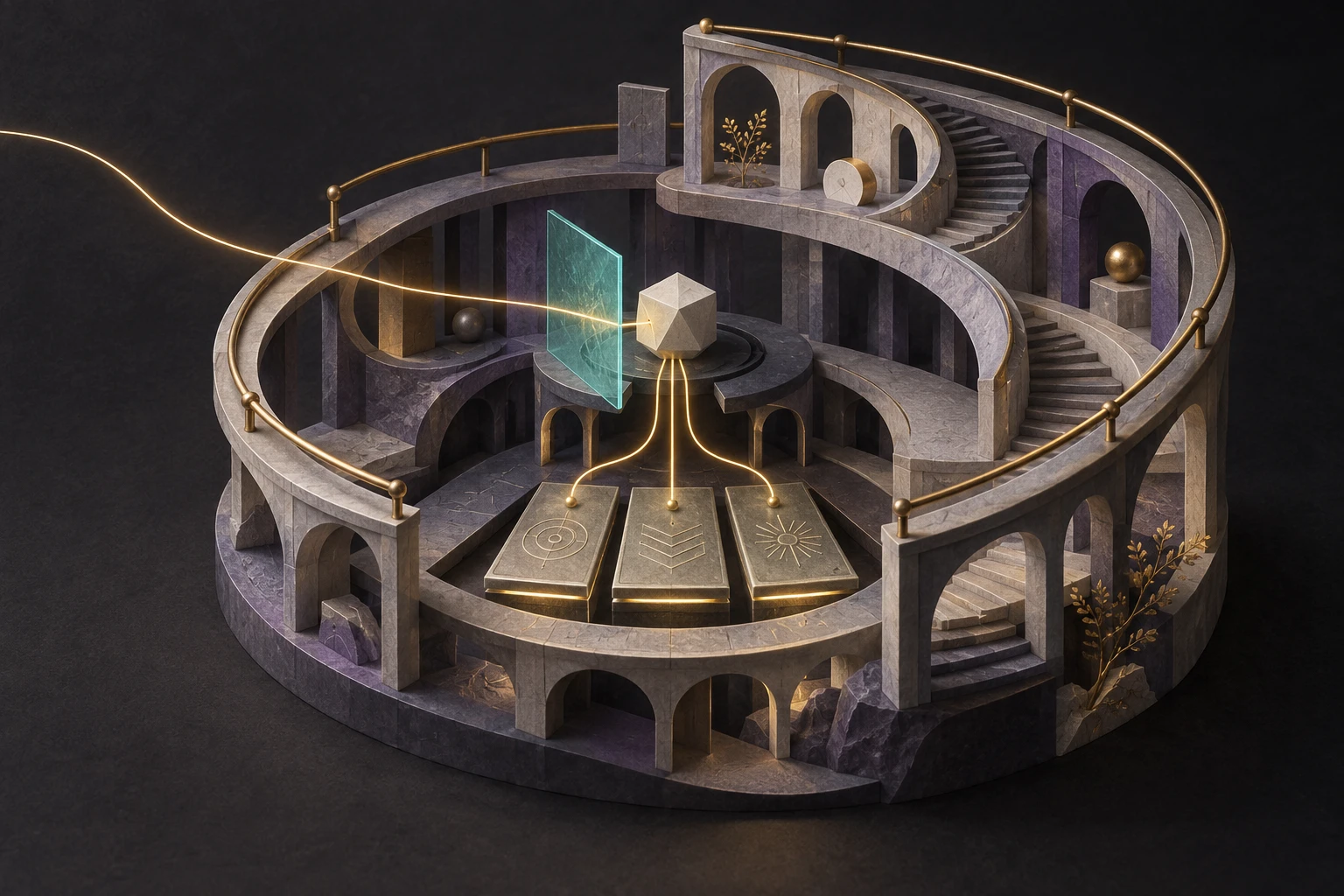 An architectural metaphor for a learning software factory: a thread passes an inspection plane and branches into three permanent foundation plates beneath the next turn, while an unbroken outer rail preserves the boundary.