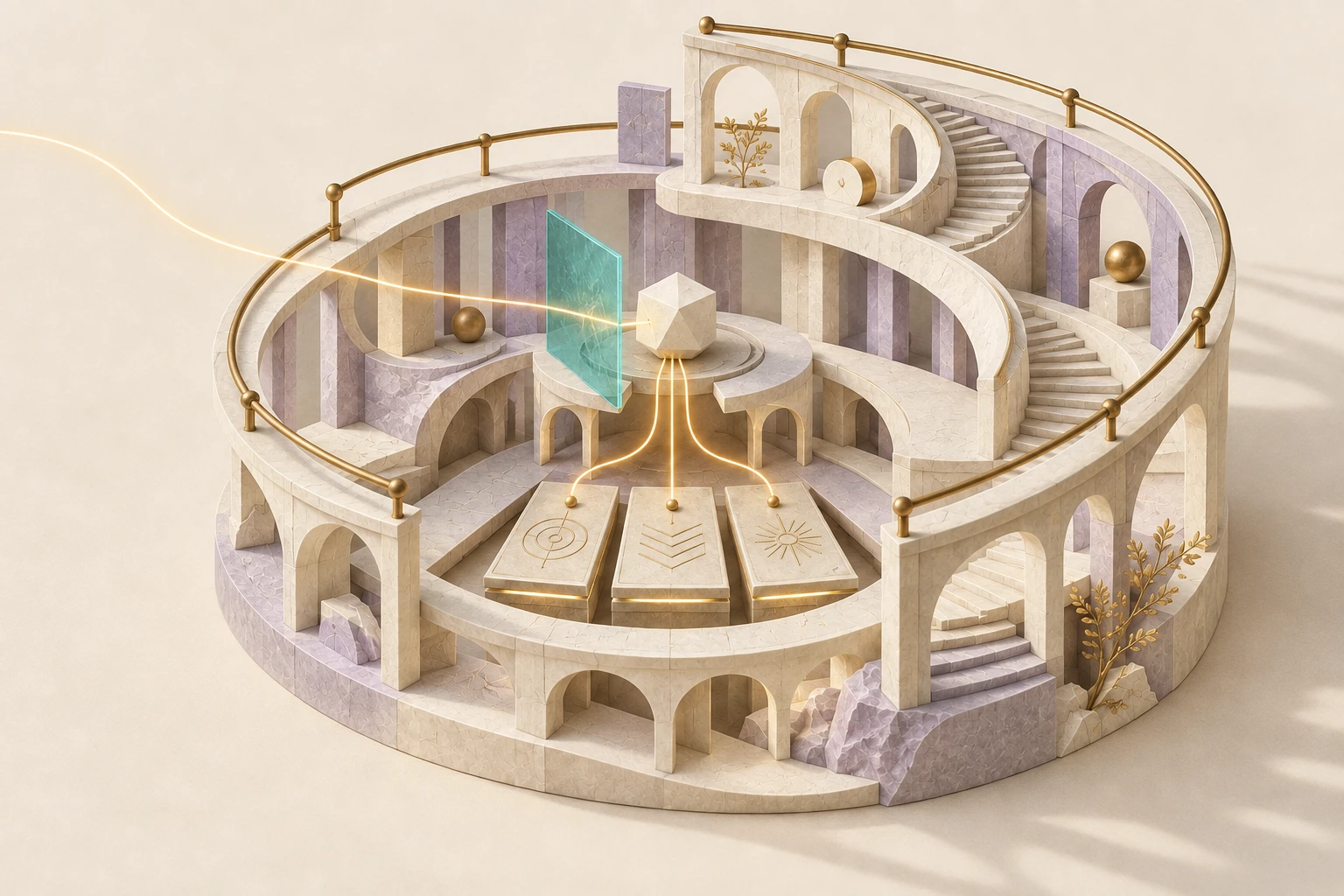 An architectural metaphor for a learning software factory: a thread passes an inspection plane and branches into three permanent foundation plates beneath the next turn, while an unbroken outer rail preserves the boundary.