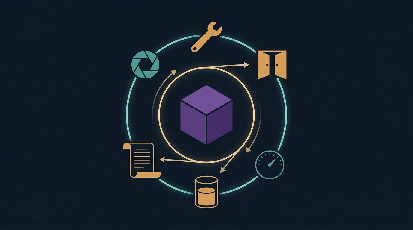 A sealed model core remains fixed while tools, gates, memory, instructions, and feedback circulate through a reconfigurable outer harness.