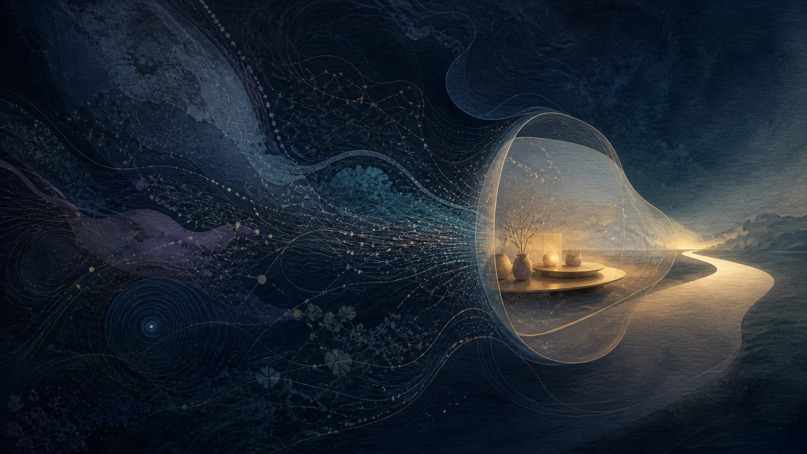 A reality too large to contain converges through a translucent aperture into a small working space and a path of action.