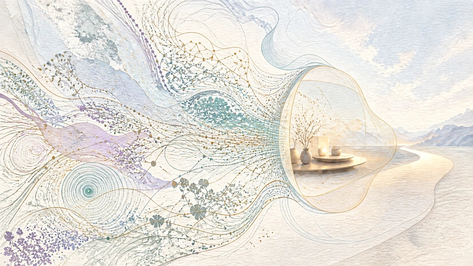 A reality too large to contain converges through a translucent aperture into a small working space and a path of action.
