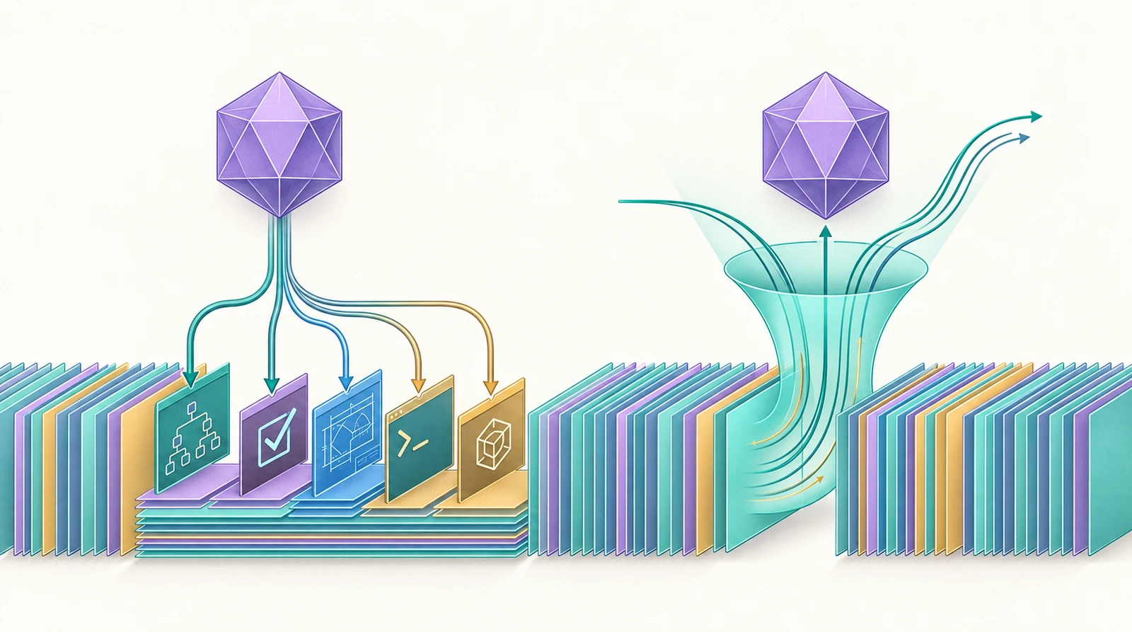 Two runs of the same fixed model version are connected by a changing repository: the first writes artifacts and the second reloads them as context.
