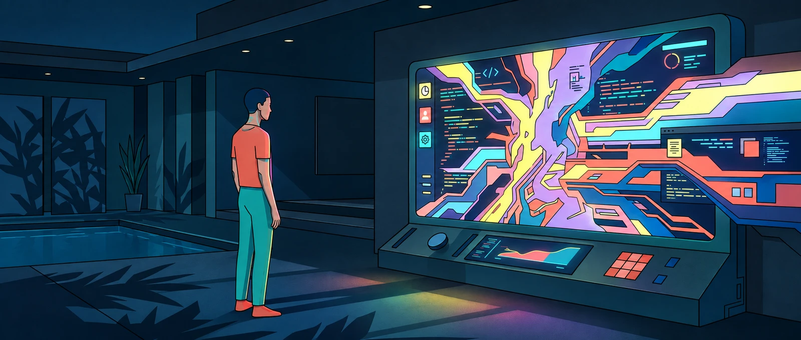 A person studies branching colored pathways on a large computer display.