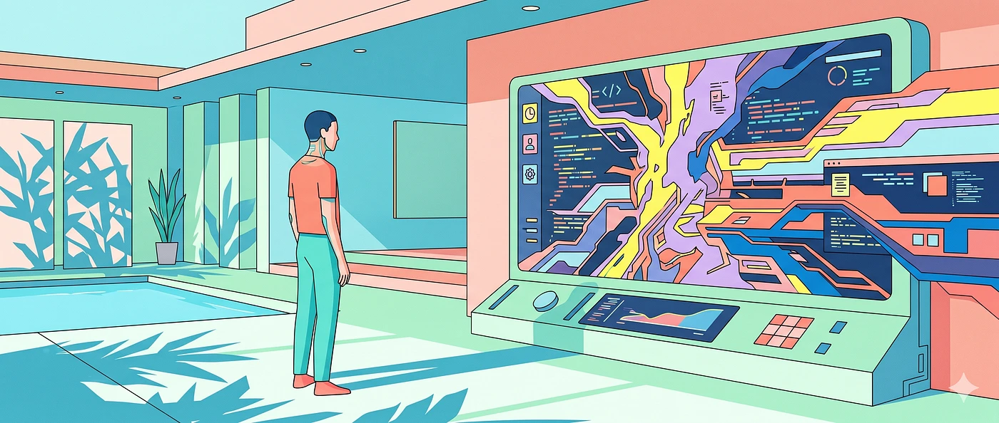 A person studies branching colored pathways on a large computer display.