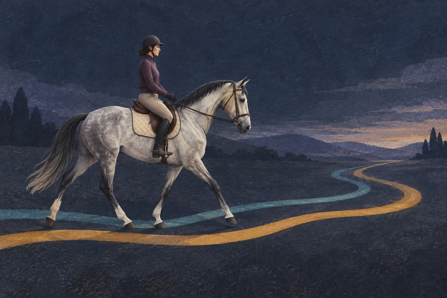A rider on a grey horse moving forward beside teal and amber paths that curve together into an open landscape.