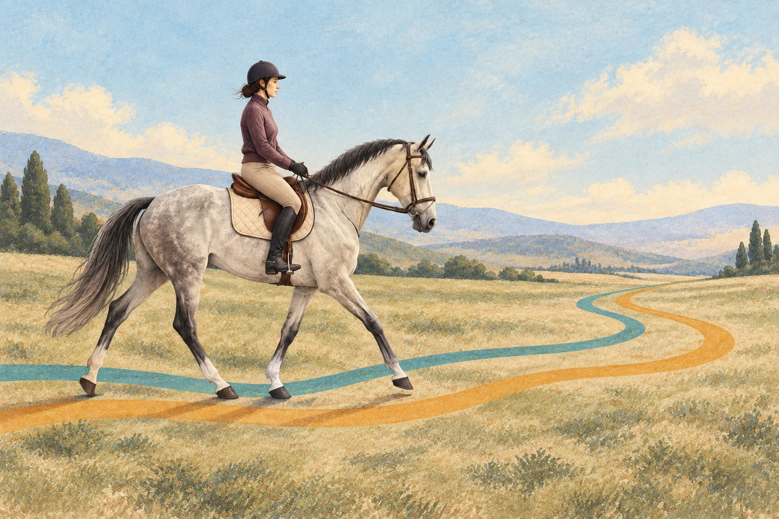 A rider on a grey horse moving forward beside teal and amber paths that curve together into an open landscape.
